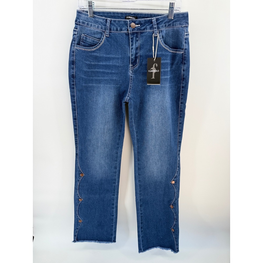 Flamingals Womens Scalloped Hem Raw Edge Jeans Blue Medium Wash Cropped Studded